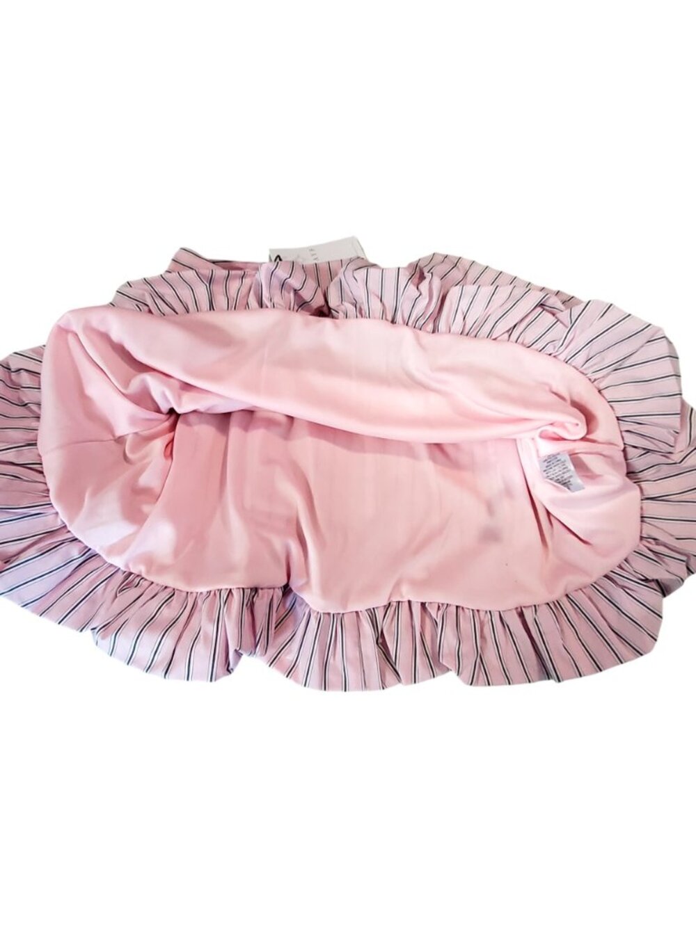 WAYF Pink & White Striped Mini Skirt Size L Elastic Waistband  Ruffled hemline - Picture 8 of 9